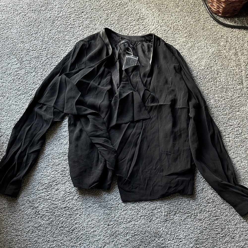 Eileen Fisher Black Draped Ruffle Blouse